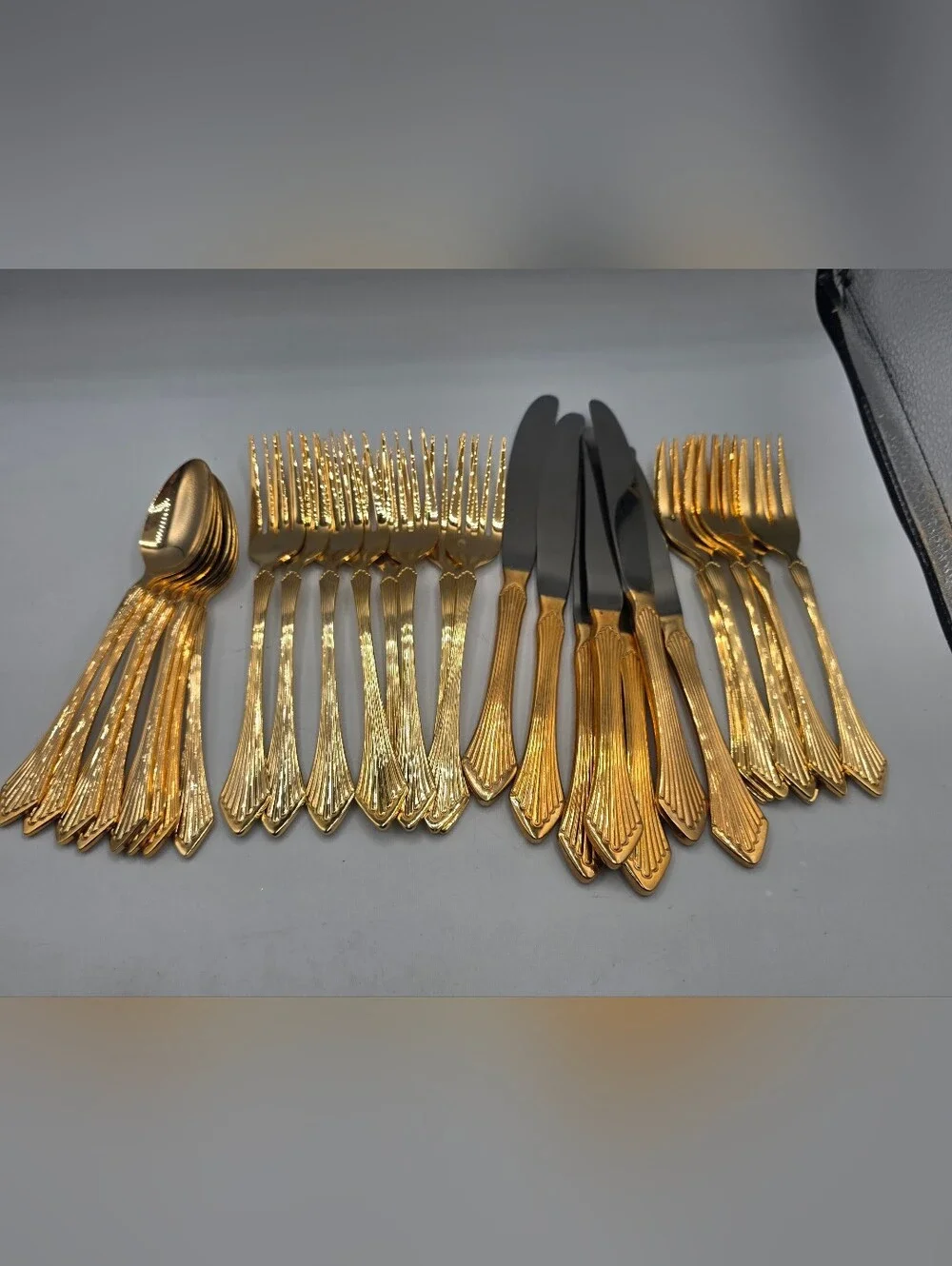 Supreme Towle Japan 32 Piece Gold Electroplate Stainless Flatware Set.
